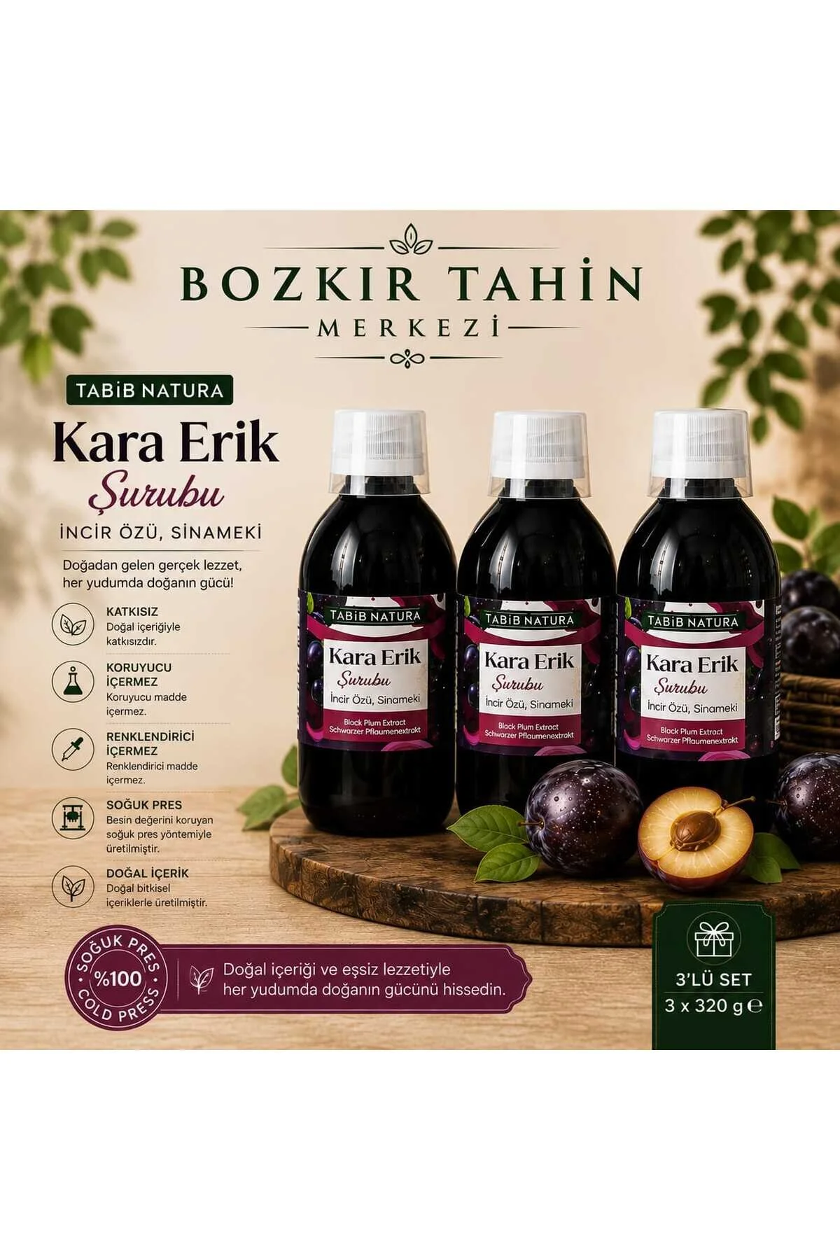 Bozkır Tahin Merkezi Kara Erik Şurubu İncir Özü Ve Sinameki İçerikli Şurub 320 Gr- 3 Adet Koruyucu İçermez&vegan