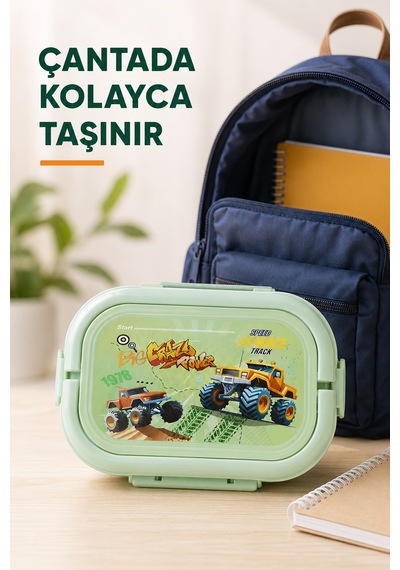 Mint Yeşili Araçlı Çocuk Beslenme Kutusu 6 Bölmeli Kilitli Saplı Okul Piknik Yemek Saklama Kabı Seti