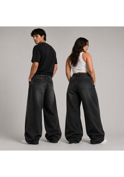 St.poll Eskitme Yıkamalı Unisex Büyük Beden Baggy Jean Pantolon Siyah