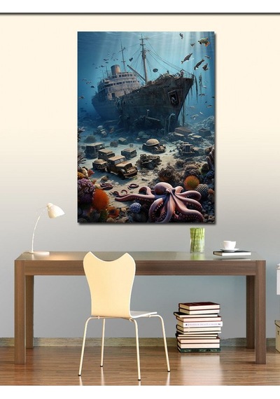 Kanvas Tablo Batık Gemi Ve Deniz Canlıları 70cmx100cm