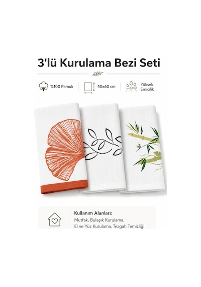 3lü Desenli Pamuklu Mutfak El Kurulama Bezi Beyaz