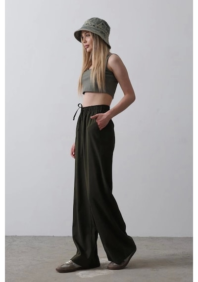Defymoda Beli Lastikli Bol Paça Pantolon - Koyu Haki Koyu Haki