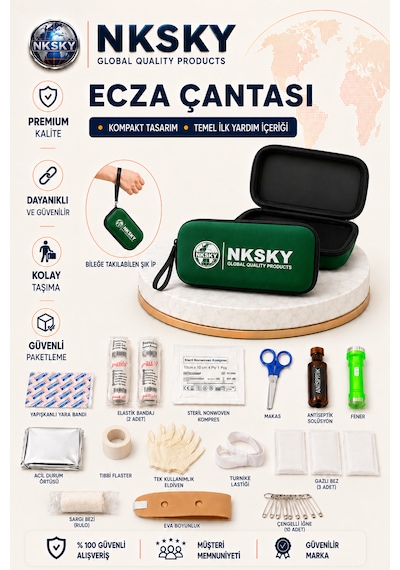 Nksky 36 Parça İlk Yardım Çantası, Yeşil Eva Çantalı İlk Yardım Seti, Bileğe Takılabilir Taşıma İpli Ecza Çantası