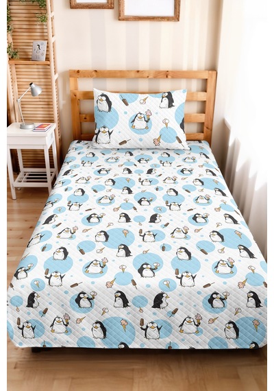 Evimde Bambaşka Penguen Mavi Çocuk Odası Tek Kişilik Pike Takımı-sevimli Modern Siyah 160x220 CM Kapitone Yazlık Örtü