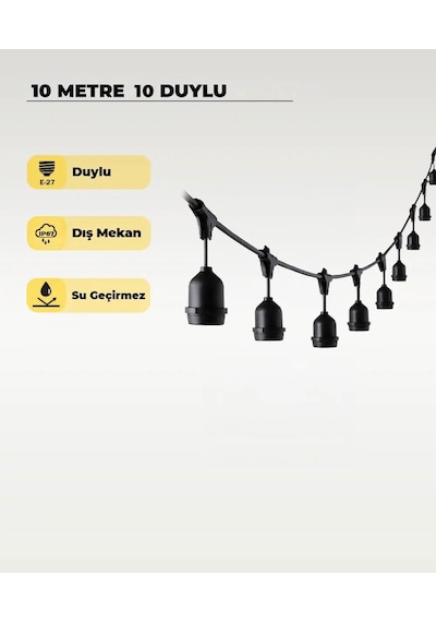 10 Metre 10 Duy E27 Dış Mekan Led Zincir Aydınlatma Bahçe, Kafe Ve Organizasyon Işık Seti Ampulsüz Siyah