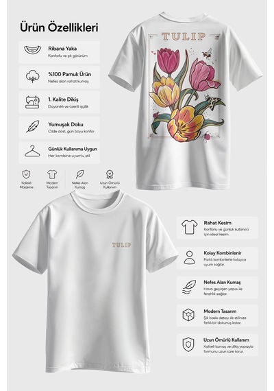 Spoyi Tulip Tasarımlı %100 Pamuk Yarım Oversize Beyaz T-shirt
