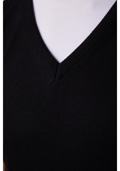 Tudors Slim Fit Dar Kesim V Yaka Kendinden Desenli Siyah Erkek Süveter-28636-siyah