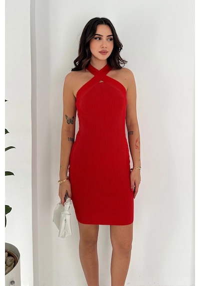 Asprin Fashion Çapraz Yaka Triko Elbise Kırmızı Kırmızı