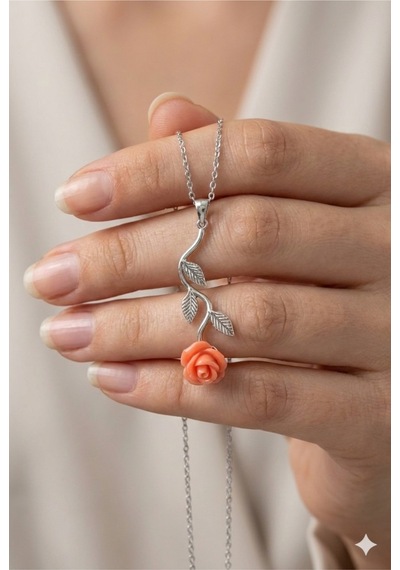 Çekirdekjewelry 925 Ayar Gümüş Pembe Güllü Ters Kolye Gri