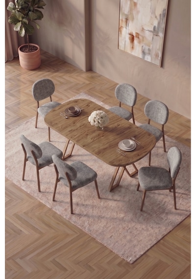 Hooli 90x168 Antik Çam Mdf Masa, Metal X Ayak, Metal Sandalye, 6 Kişilik Mutfak Masası Takımı Ve Yemek Masası Takımı Açık Gri