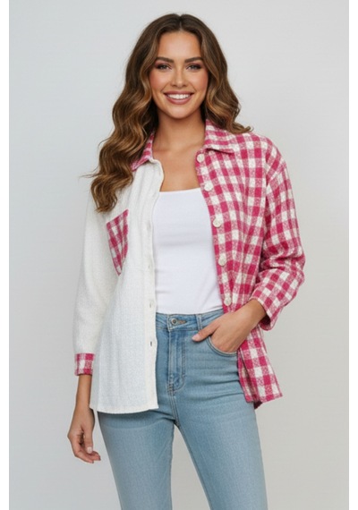 Kadın Pembe Oversize Fit Ekoseli Desenli Uzun Kollu %100 Pamuk Gömlek, Ceket, Kadın Oduncu Gömlek Pembe
