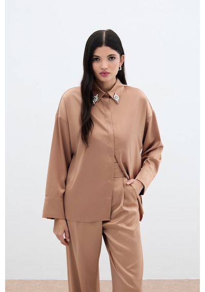 Sateen Aksesuar Detaylı Gömlek - Camel-135989 CAMEL