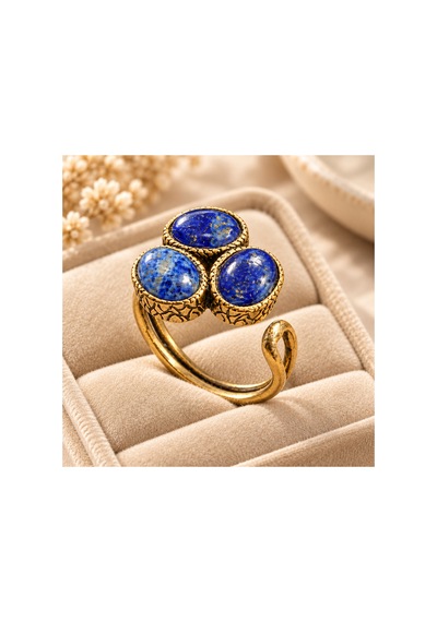 Esoo Jewelry Doğal Taş Detaylı 3 Taşlı Vintage Gold Ayarlanabilir Kadın Yüzük - Saks Mavi Koyu Mavi
