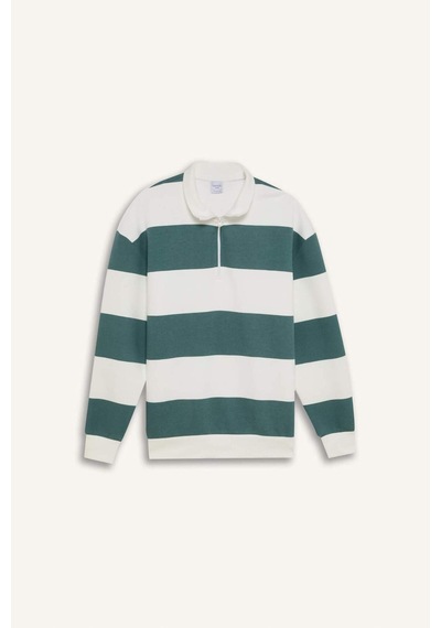 DeFacto Boxy Fit Dik Yaka Yarım Fermuarlı Çizgili Sweatshirt C7045AX24AUGN469 Yeşil