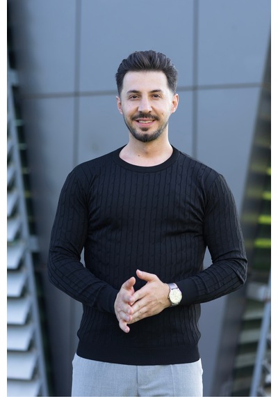 Hk Premium Triko Kazak Fitilli Slim Fit Bisiklet Yaka Likralı Kışlık Sweatshirt Siyah