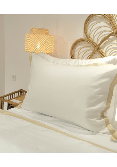 Koza Home Glow Tencel Saten Çift Kişilik Optik Beyaz Gold Biye Nevresim Tak Beyaz - Bej