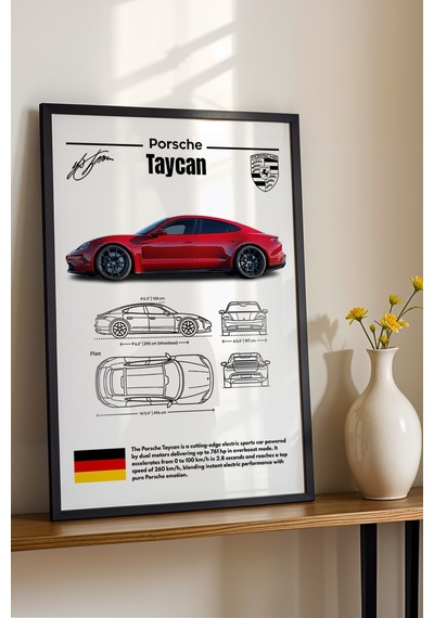 Porsche Taycan Tablo - Teknik Özellikli Elektrikli Spor Araba Poster - Çerçeveli Duvar Dekoru Siyah