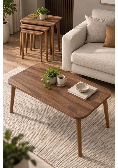 Sulorahome Ceviz Desenli Torna Ayaklı 4'lü Sehpa Seti
