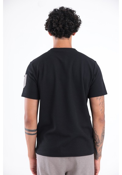 Rowinger Waffle Örgü Dokulu Göğüs Logolu Kolda Mini Cep Detaylı Bisiklet Yaka Erkek Spor T-shirt Siyah
