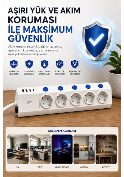 5 Li Akım Korumalı Çoklu Priz 2 Metre Kablolu 3680w 16a 5 Anahtarlı 2usb-a 2 Usb-c Pd 20w Hızlı Ftr-28 Diğer