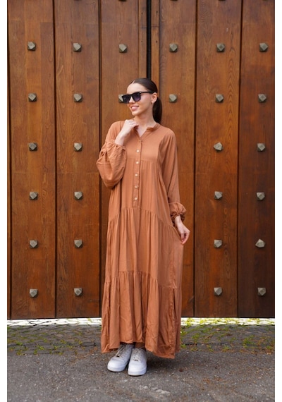 Polologin Butik Yüksek Yaka Büzgülü Maxi Elbise - Kiremit Rengi Metalik