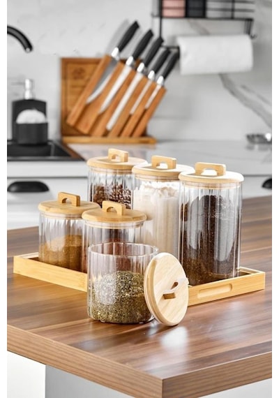 Cooker Bambu Kapaklı Cam Baharat Seti 6'lı Çok Renkli