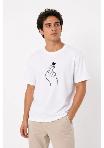 Efnaz Style Erkek Kore Parmak Kalp Aşk Temalı Minimal Baskılı Tişört Yazlık Kısa Kol T-shirt - Beyaz