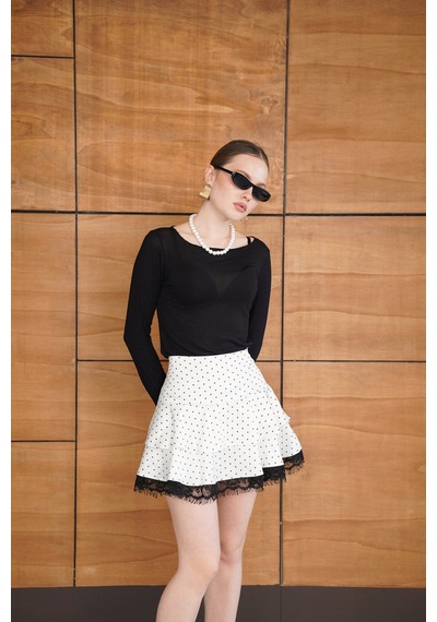 Verymoda Puantiyeli Dantel Detaylı Saten Etek D2962 Krem