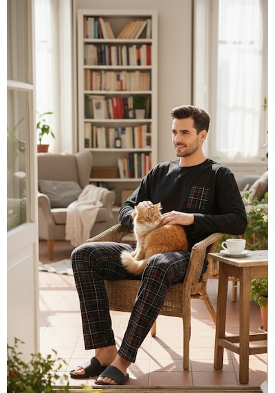 Buratti Ekoseli Cepli Beli Lastikli % 100 Pamuk Regular Fit Erkek Pijama Takımı 6572001 Siyah-Füme
