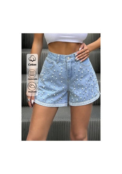 Kene Jeans Paça Yırtmaç Buz Kar İnci Detaylı Yüksek Bel City Boy Denim Şort Buz Kar