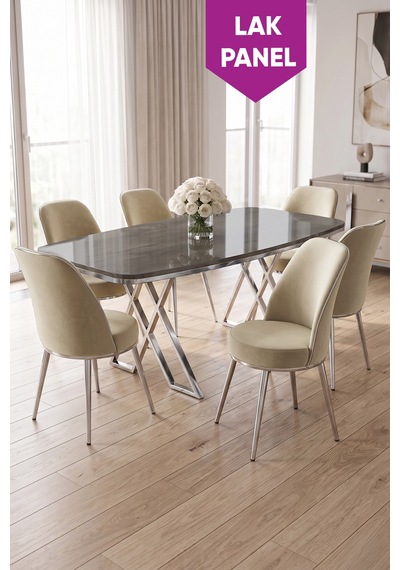 Peras Serisi 90x160 Lak Panel Antrasit İroni Krom Ayaklı Masa Takımı 6 Sandalye Antrasit İroni Masa Krem Sandalye Peras Serisi 90x160 Lak Panel Antrasit İroni Krom Ayaklı Masa Takımı 6 Sandalye Antrasit İroni Masa Krem Sandalye