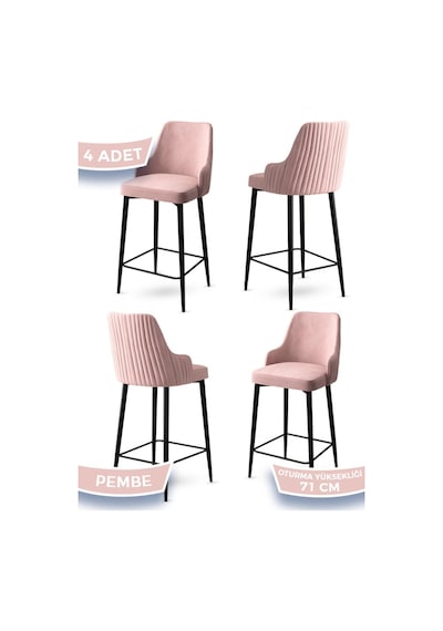 Canisa Enox Serisi, 4 Adet Pembe Sandalye Mutfak Bar Sandalyesi, Babyface Kumaş, Siyah Metal Ayak , Sandalye Pembe Ayaklar Siyah