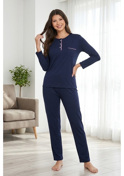 Mataş Kadın Pamuklu Uzun Kollu Üç Düğmeli Biyeli Soft Örme Yumuşak Pijama Takımı Lacivert