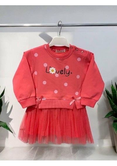 Zekids Kız Bebek Lovely Yazılı Tütü Etekli Pamuk Elbise-14832 Neon Pembe