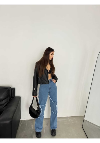 Shevega Kadın Mavi Bacak Yildizli Bol Paça Kot Jeans Pantolon Mavi