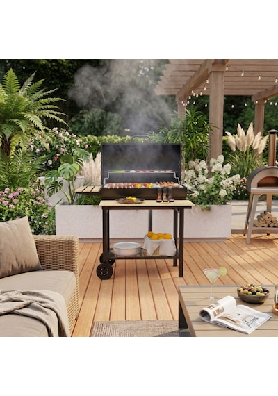 Zln3594 Kömürlü Mangal & Barbekü Taşınabilir Ahşap Raflı Siyah