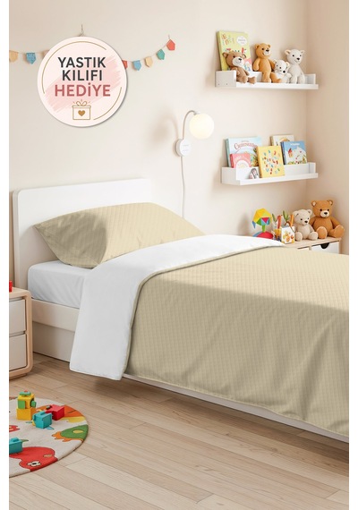 Krem Minimal Genç Odası Tek Kişilik Pike Takımı - Bej Geometrik 160x220 Cm Kapitone Yatak Örtüsü Pamuksu Kireç Gölgeliği