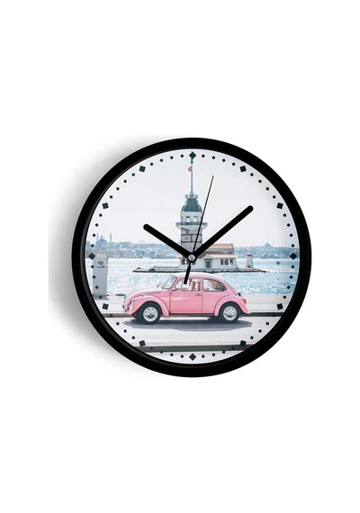 Kız Kulesi Ve Pembe Vosvos Modern Duvar Saati - 30cm - Önü Camlı Siyah Kasa - Sessiz Mekanizma-jh0875 Siyah