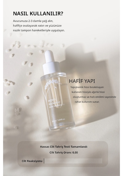 Midha Rice Facial Yoğun Nemlendirici ve Besleyici Pirinç Kepeği Yağı İçerikli Yüz Bakım Yağı 30 ML