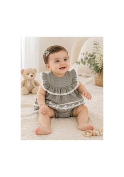 Omeca Concept Kız Bebek Dantel Detaylı 2'li Takım Fırfırlı Bluz Ve Bloomer Şort Haki