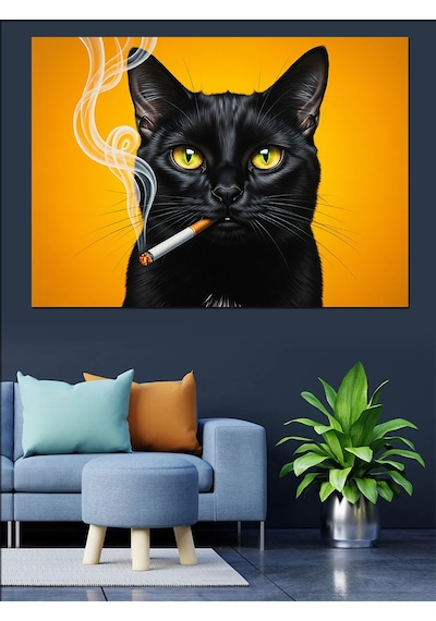 Sigara İçen Siyah Kedi Sarı Gözler Dekoratif Kanvas - Mdf Ahşap Tablo