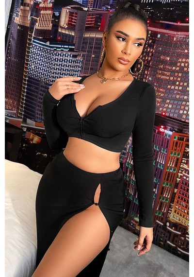Kadın Siyah Uzun Kol Göğüs Ve Göbek Dekolteli Fermuarlı Crop Top Bluz