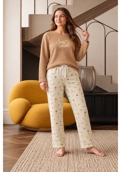 Nisanca Premium Soft Waffle Kadın Pijama Takımı Yumuşak Dokulu Sıcak Tutan Kışlık Uzun Kollu Pijama Sütlü Kahve