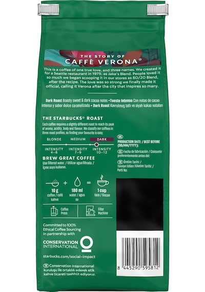 Starbucks Verona Blend Dark Roast Öğütülmüş Kahve 200g Öğütülmüş