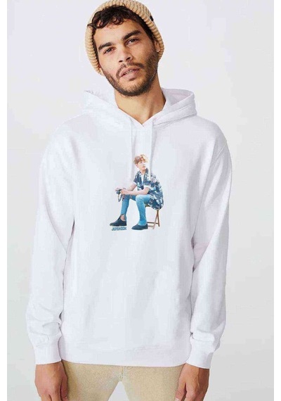 K Pop Jeon Jungkook Baskılı Beyaz Erkek Örme Kapşonlu Sweatshirt
