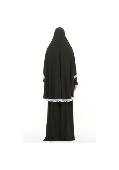 Altobeh Kadın İki Parça Likra Sandy Kumaş Dantelli Kollu Namaz Elbisesi Haki Antrasit