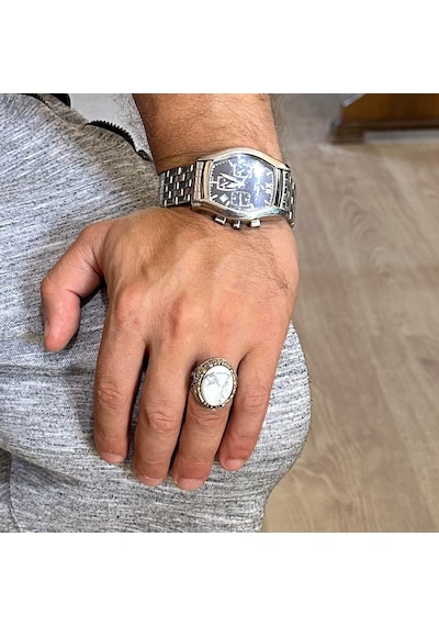 Gerçek Doğal Taş Yüzük - El Yapımı 925 Ayar Gümüş Yüzük - El Yapımı Yüzük Howlite Gümüş