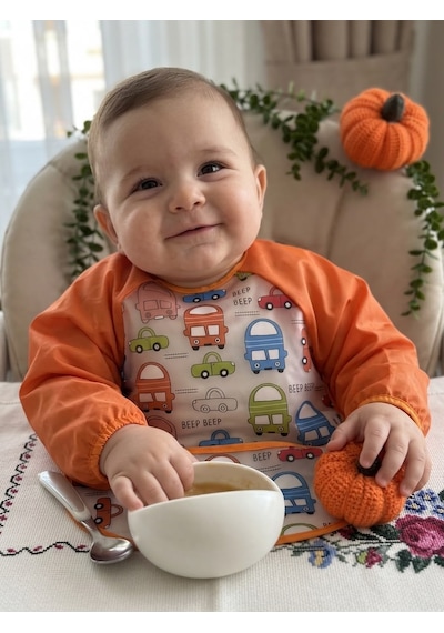 Sıvı Geçirmez Leke Tutmaz Araba Baskılı Uzun Kollu Mama Ve Aktivite Önlük Turuncu