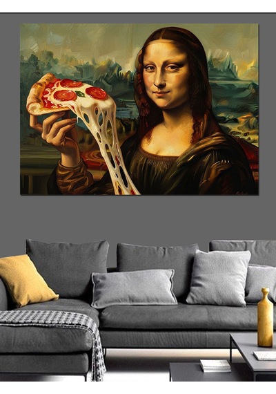 Pizza Dilimi Tutan Mona Lisa Dekoratif Kanvas - Mdf Ahşap Tablo