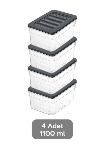 4'lü Derin Buzdolabı Organizer Set Düzenleyici Saklama Kabı Mikrodalga Difriz Kabı 1100ML Antrasit